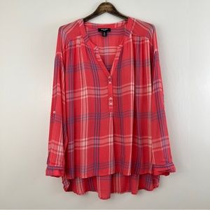 Nine West Plaid Pop Over Oversized Top Orange Blue XXL